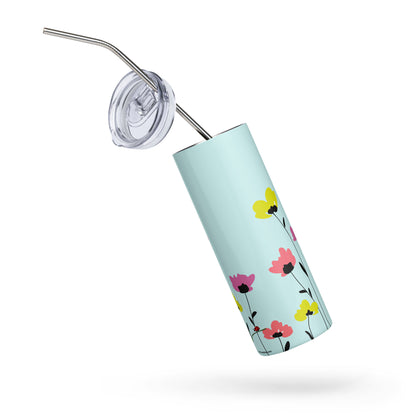 Pretty floral tumbler with straw stainless steel light blue with colorful flower design