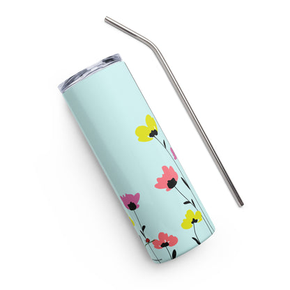 Pretty floral tumbler with straw stainless steel insulated light blue floral design