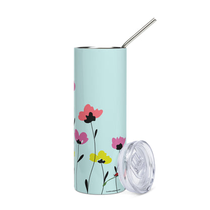 LuckeLadybug stainless steel pretty floral tumbler with straw and removable lid in pastel colors
