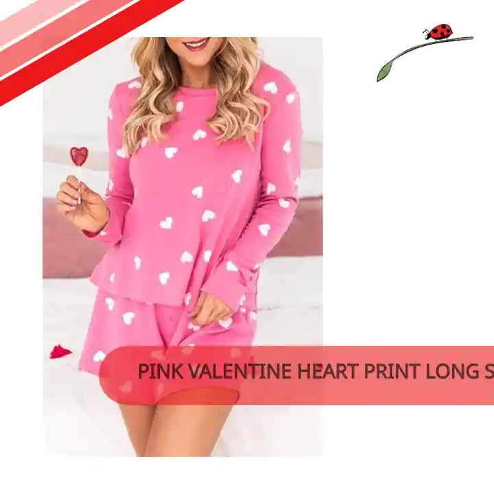 Pink Valentine Heart Print Long Sleeve Tee and Shorts Lounge Set by@Outfy