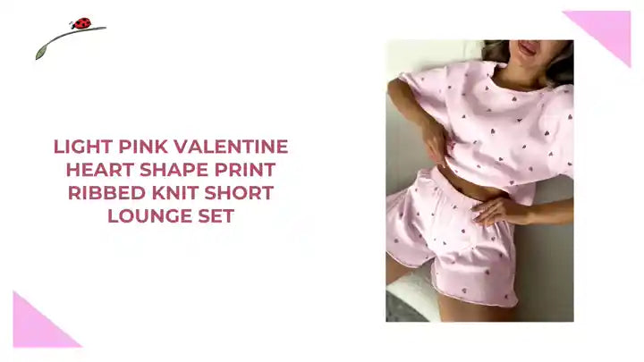 Light Pink Valentine Heart Shape Print Ribbed Knit Short Lounge Set by@Outfy