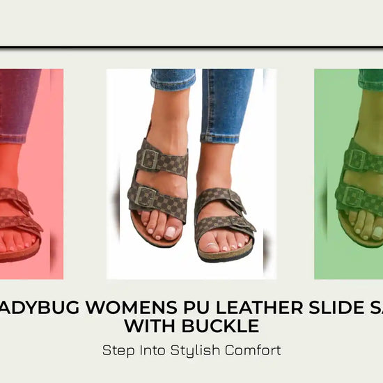 LuckeLadybug Womens PU Leather Slide Sandals with Buckle by@Outfy