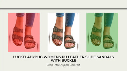 LuckeLadybug Womens PU Leather Slide Sandals with Buckle by@Outfy