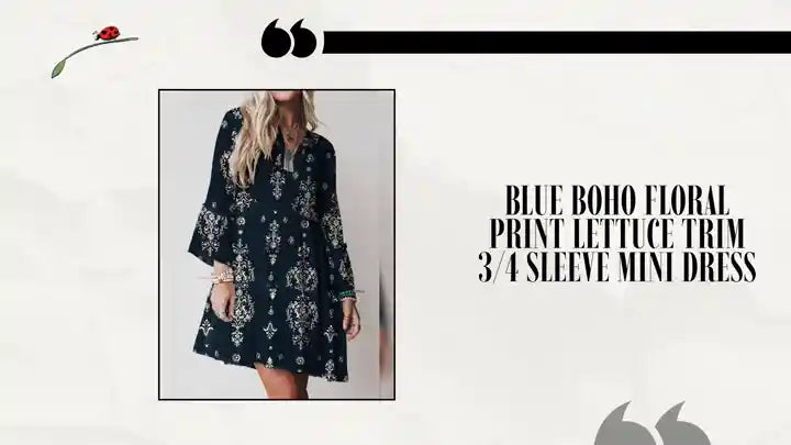 Blue Boho Floral Print Lettuce Trim 3/4 Sleeve Mini Dress by@Outfy
