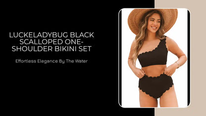 LuckeLadybug Black Scalloped One-Shoulder Bikini Set by@Outfy