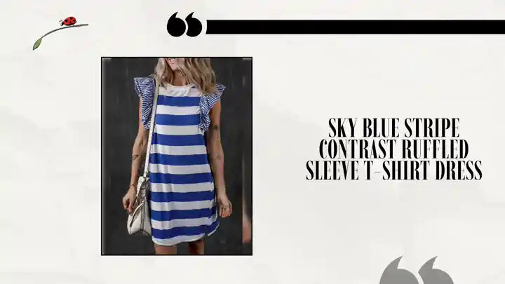 Sky Blue Stripe Contrast Ruffled Sleeve T-shirt Dress by@Outfy