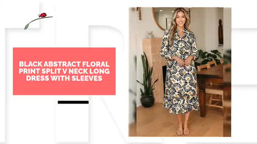 Black Abstract Floral Print Split V Neck Long Dress with Sleeves by@Outfy