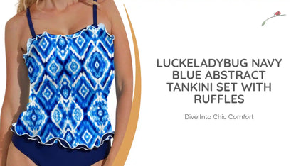 LuckeLadybug Navy Blue Abstract Tankini Set with Ruffles by@Outfy