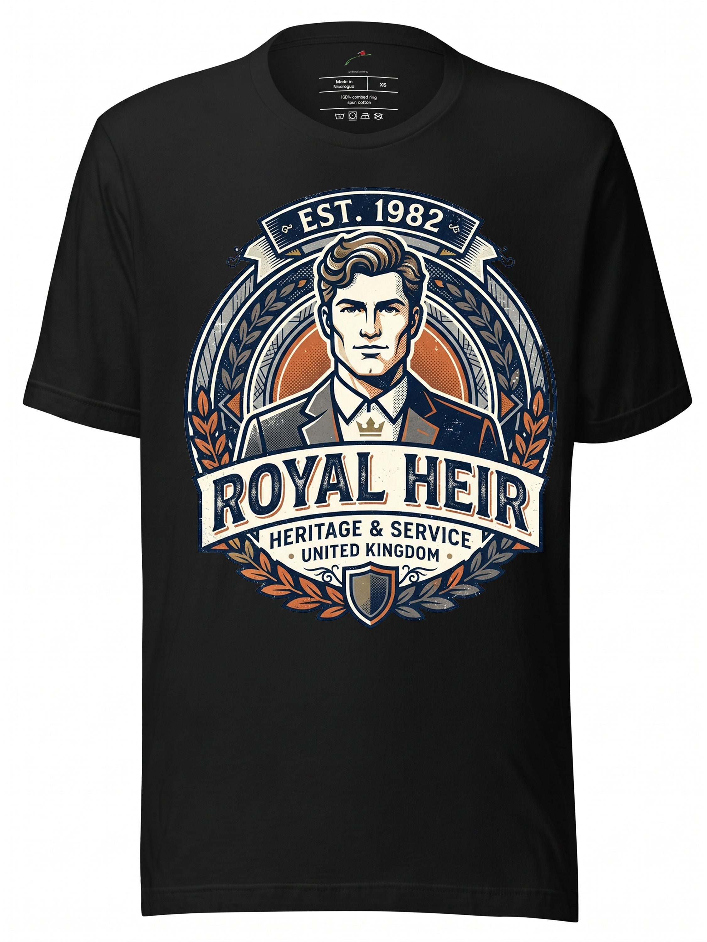 LuckeLadybug LLC black T-Shirt featuring a graphic of a prince william with a royal heir design