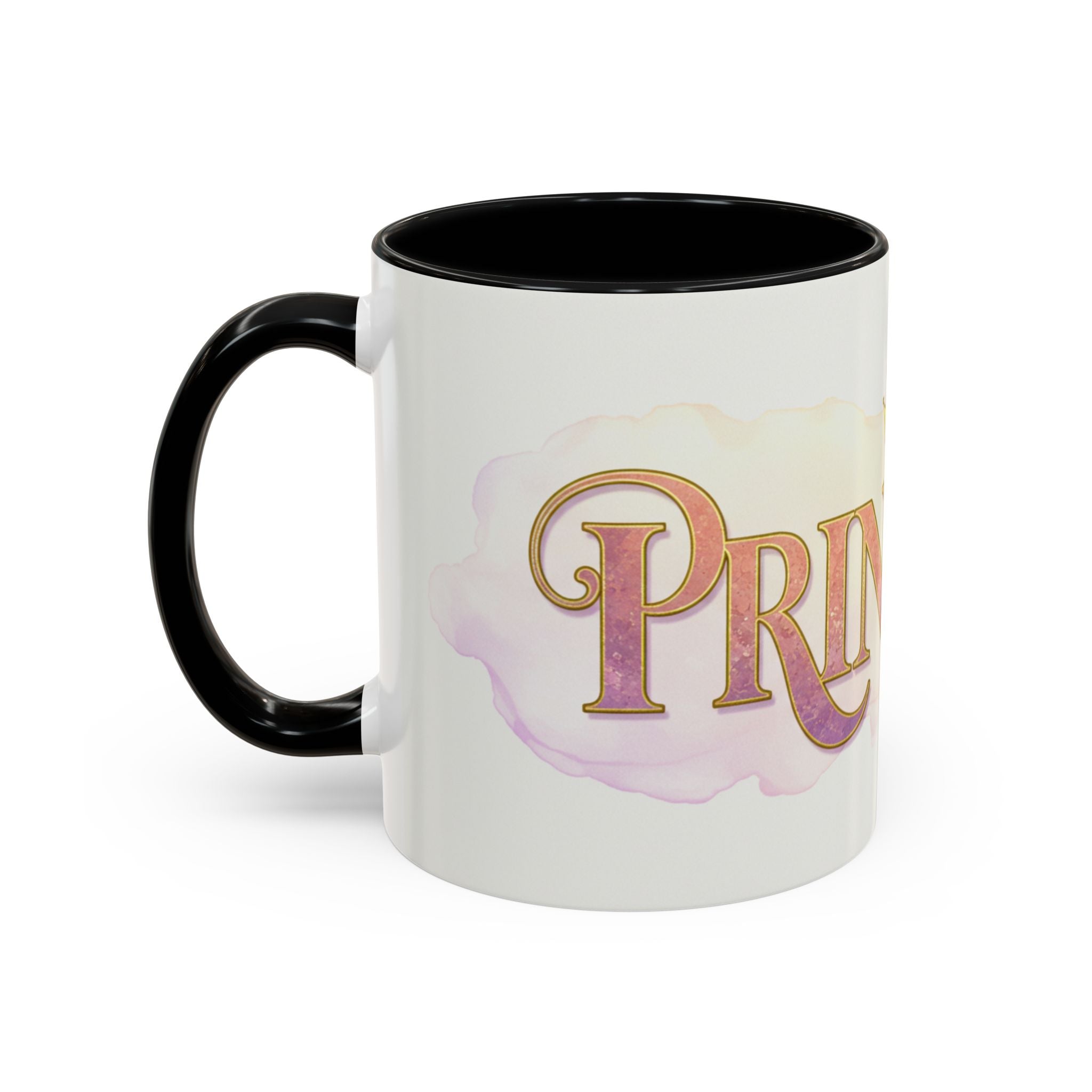 LuckeLadybug princess coffee mug for women with black handle and rim featuring elegant pink and gold text design