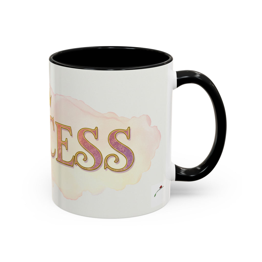Princess coffee mug for women with black handle and pink watercolor design by LuckeLadybug