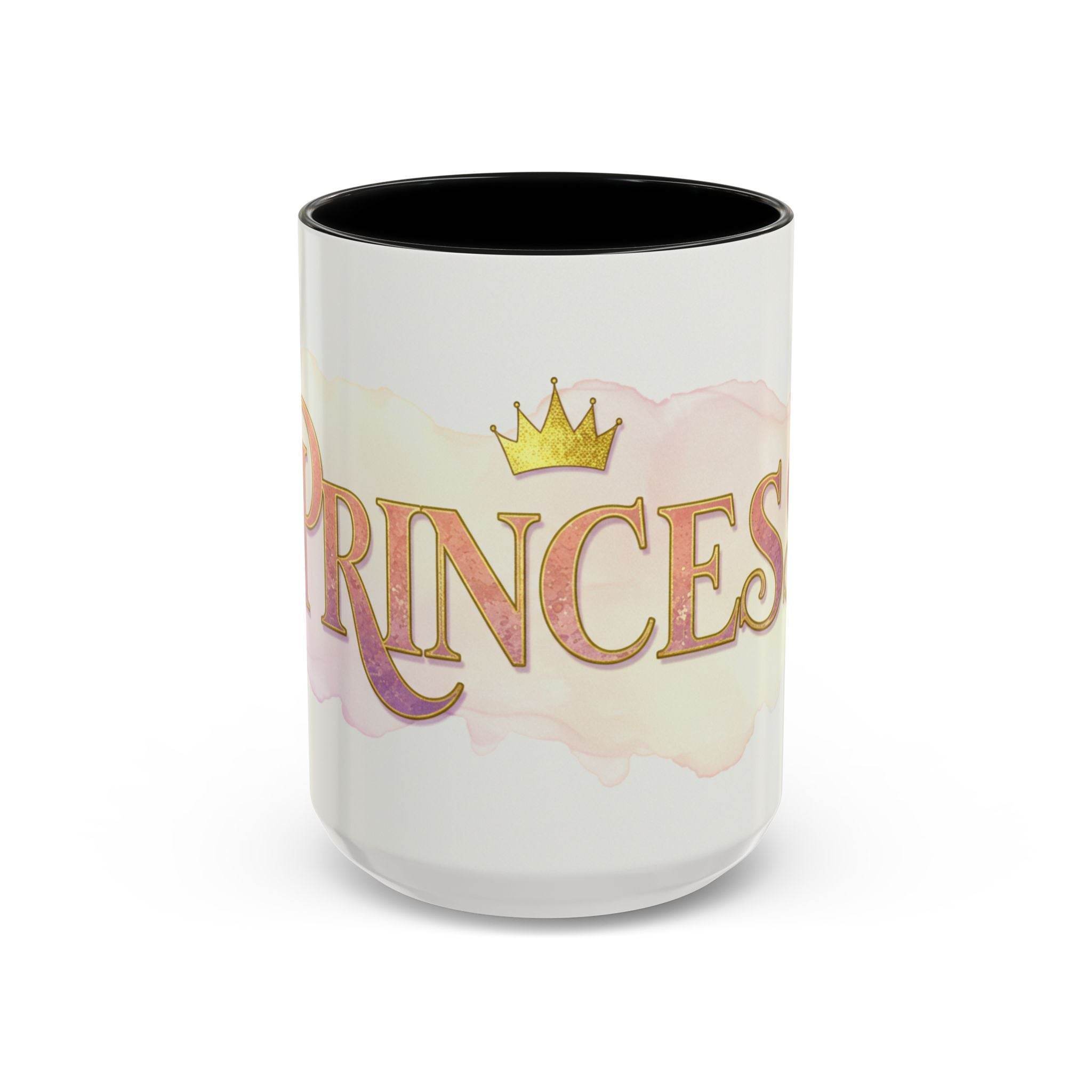 Princess coffee mug women with gold crown design and black interior by LuckeLadybug
