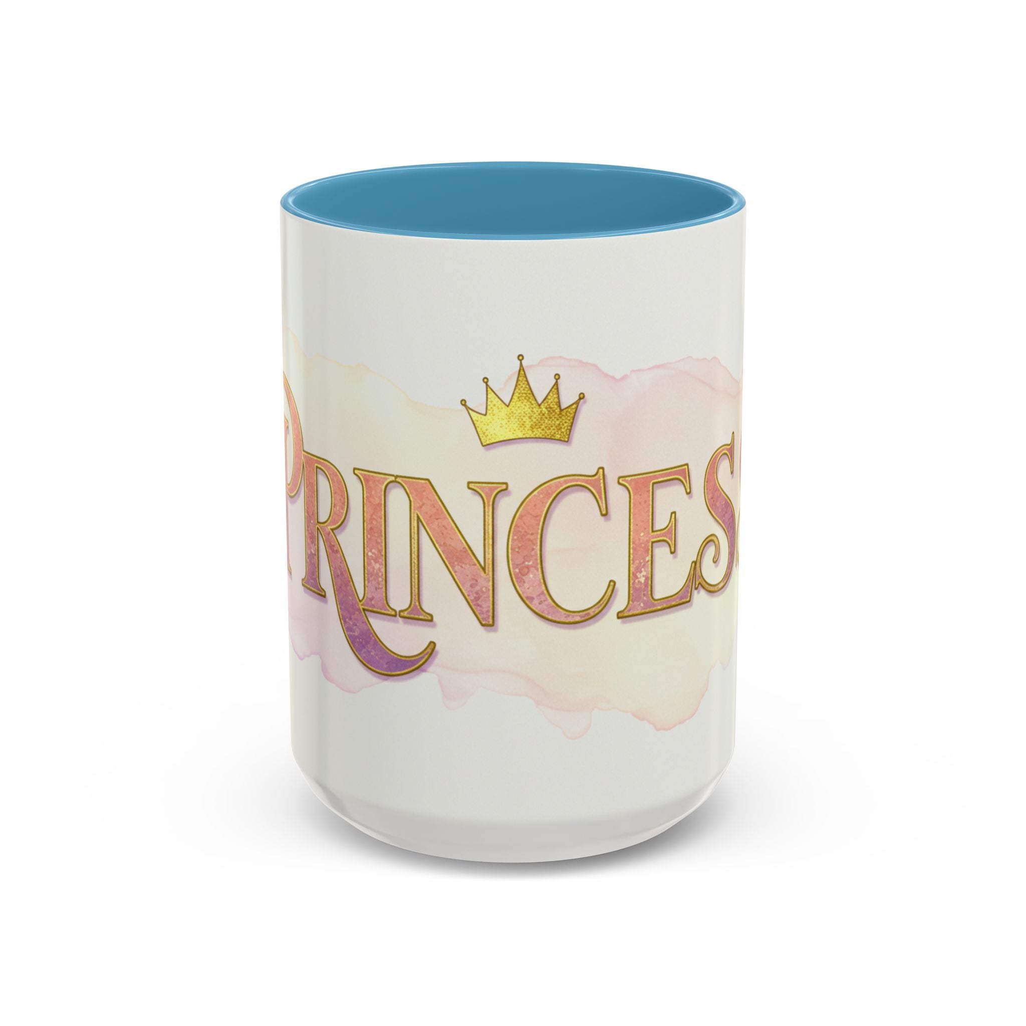 Princess coffee mug for women with gold crown design and blue interior by LuckeLadybug