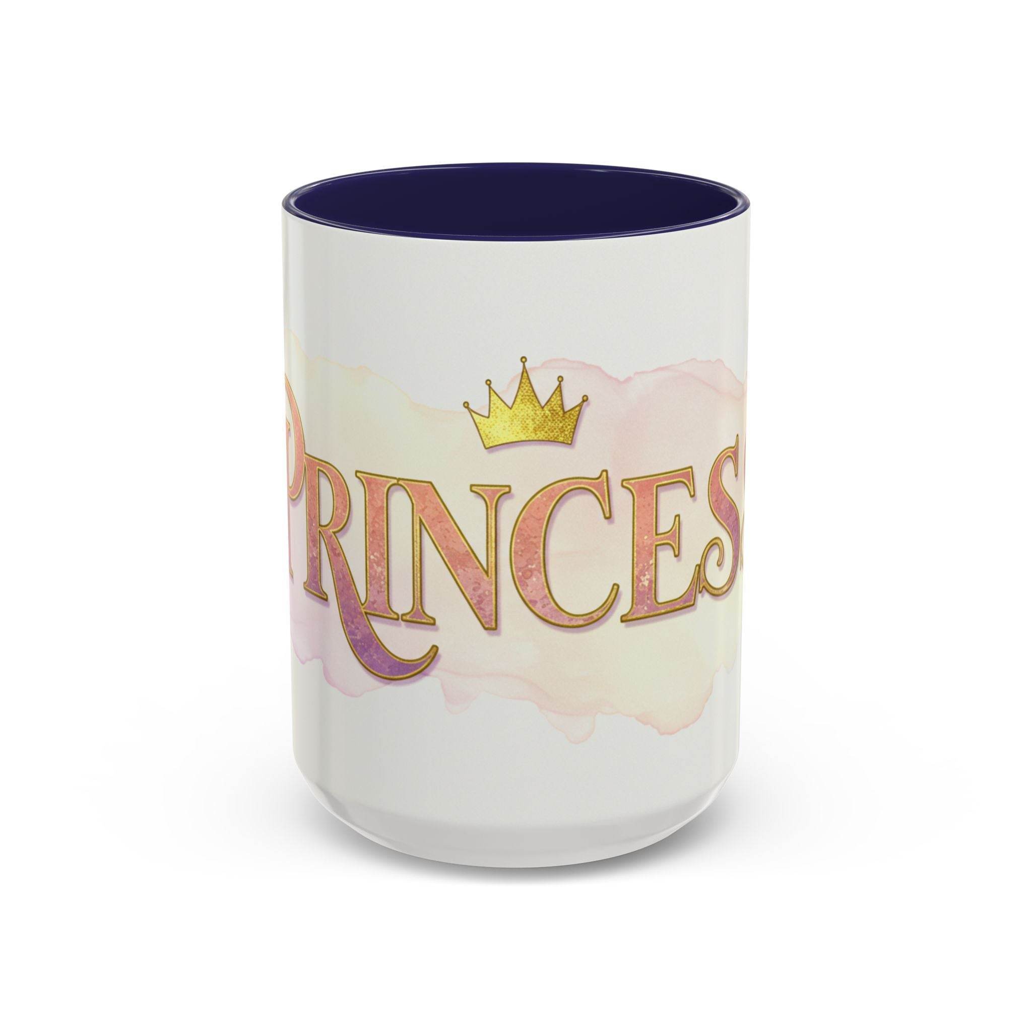 LuckeLadybug princess coffee mug for women with gold crown and pink lettering design