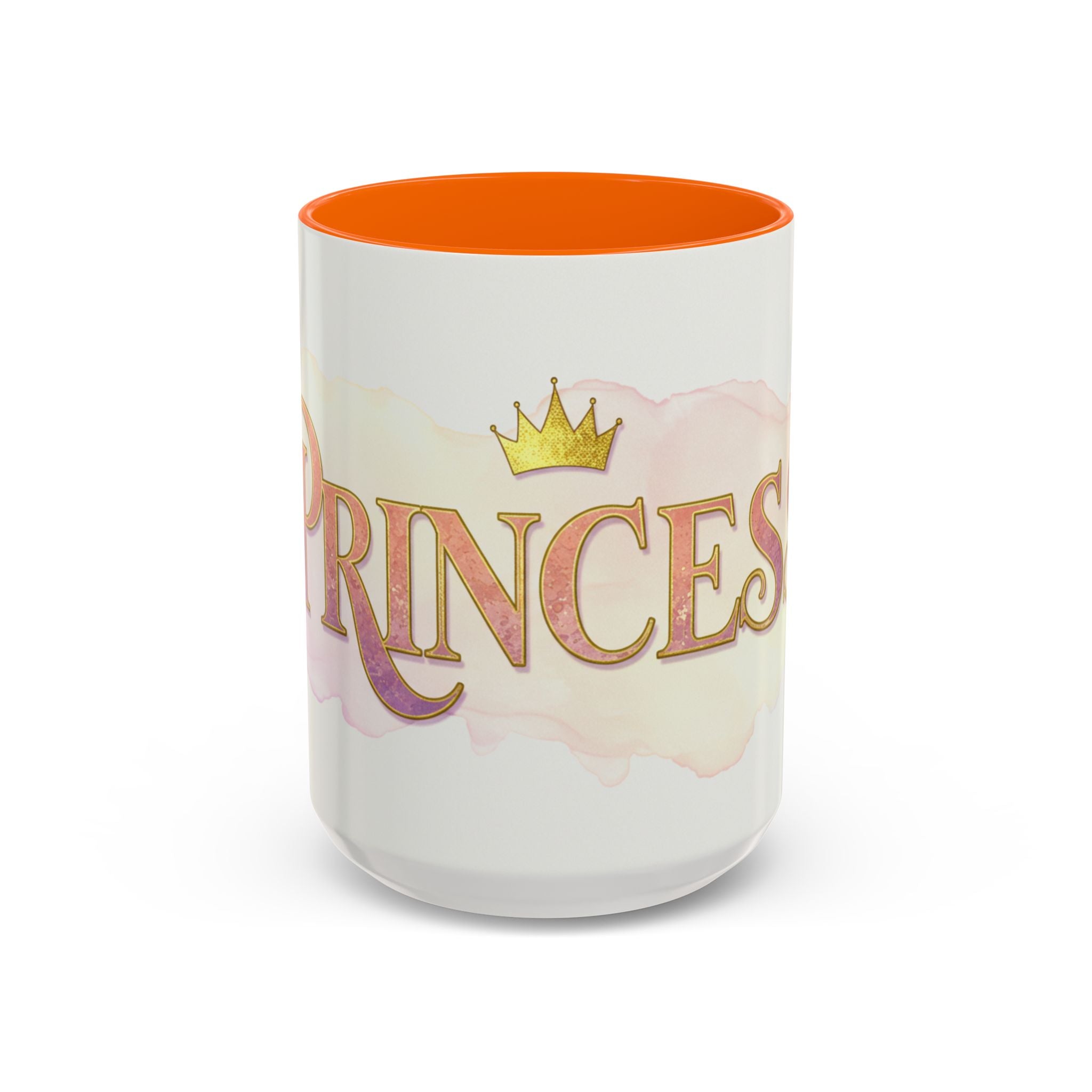 coffee mug for women with gold crown design and orange interior by LuckeLadybug