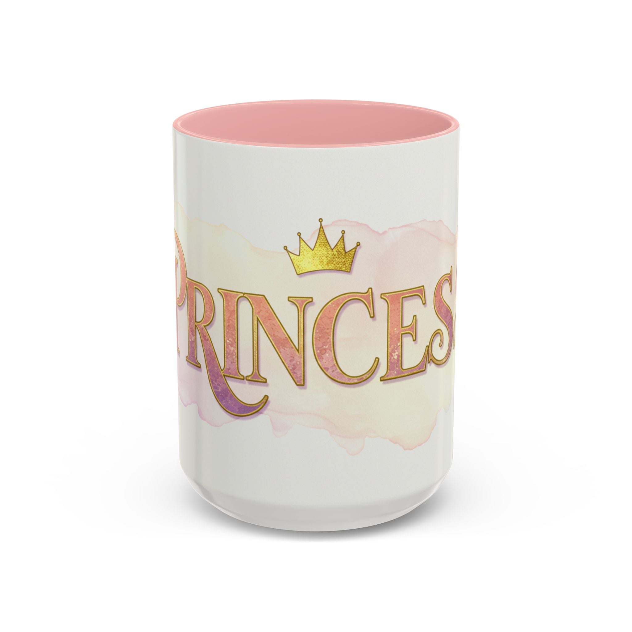 Princess coffee mug women with gold crown design and pink interior by LuckeLadybug