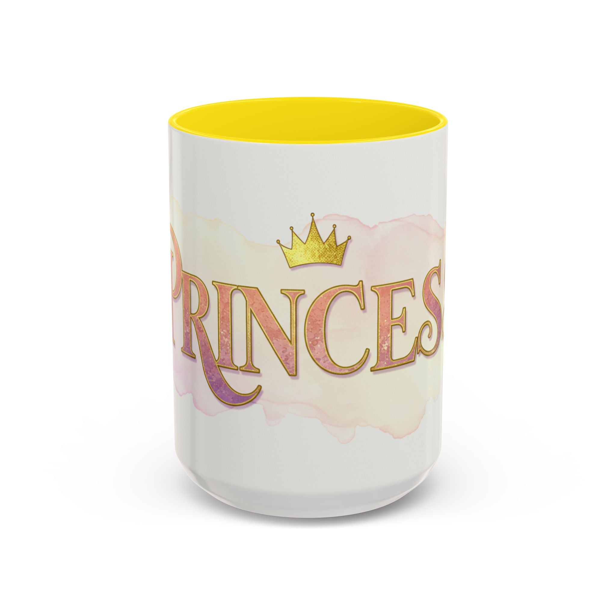 Princess coffee mug for women with gold crown design and yellow interior by LuckeLadybug