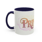Princess coffee mug for women with white exterior and navy blue handle and interior