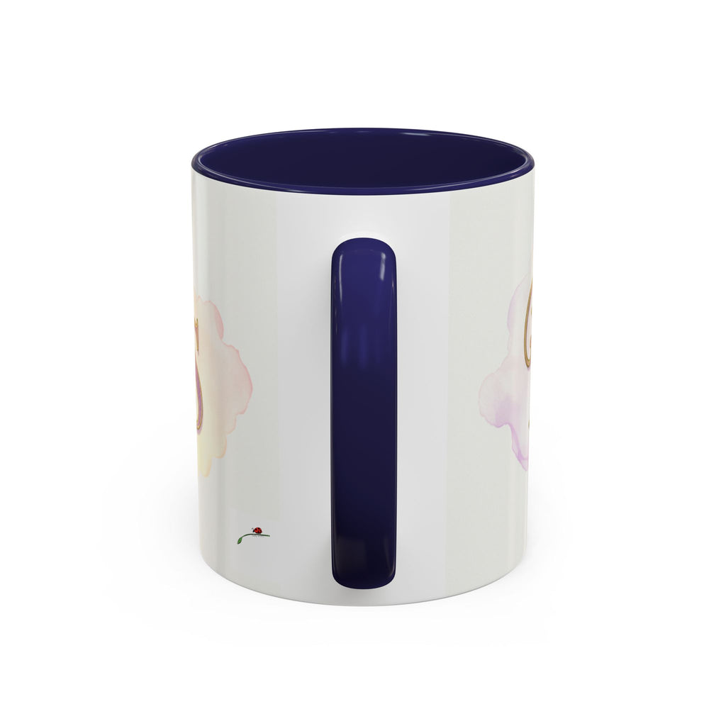 White princess coffee mug for women with navy blue handle and interior by LuckeLadybug