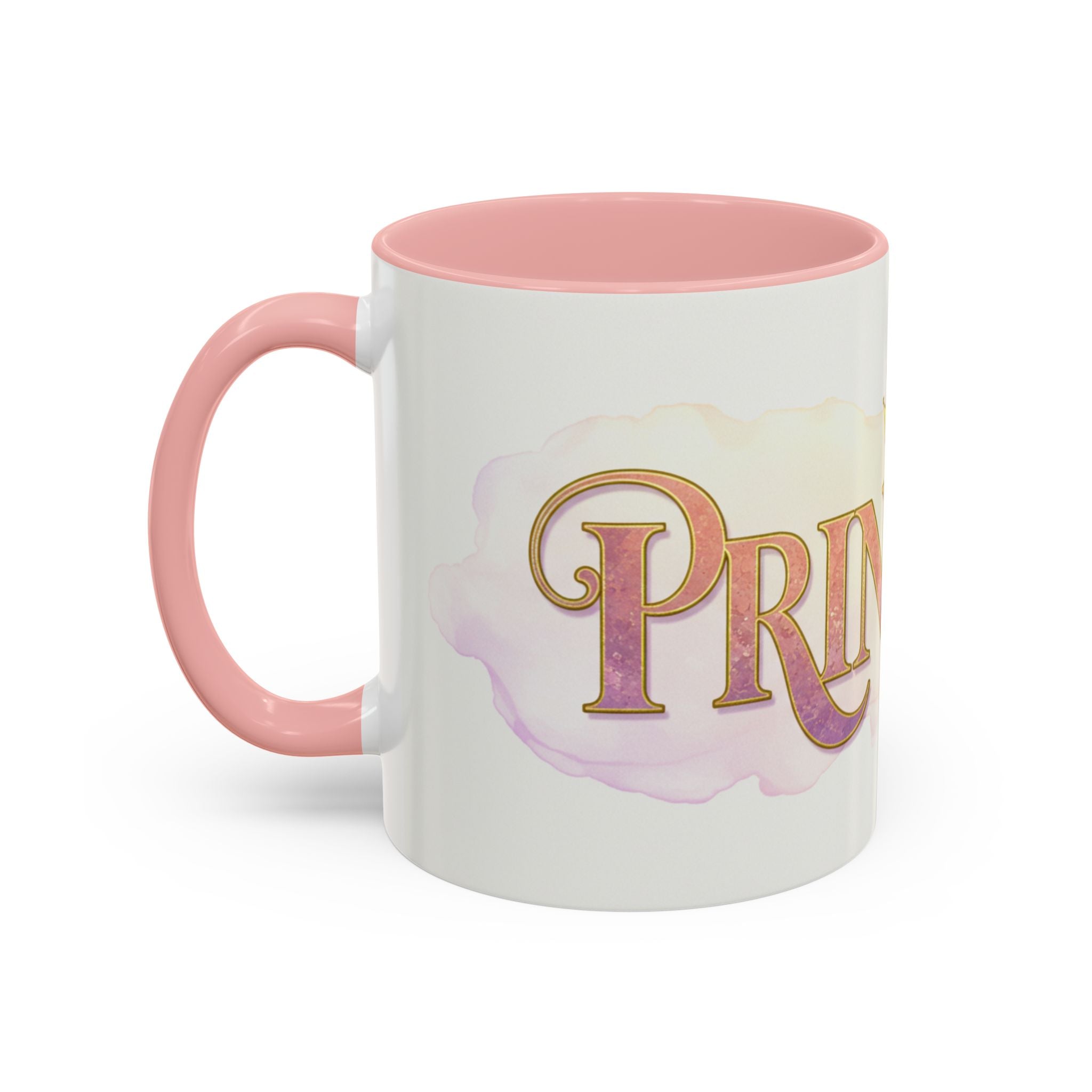 Princess coffee mug for women with pink handle and interior by LuckeLadybug