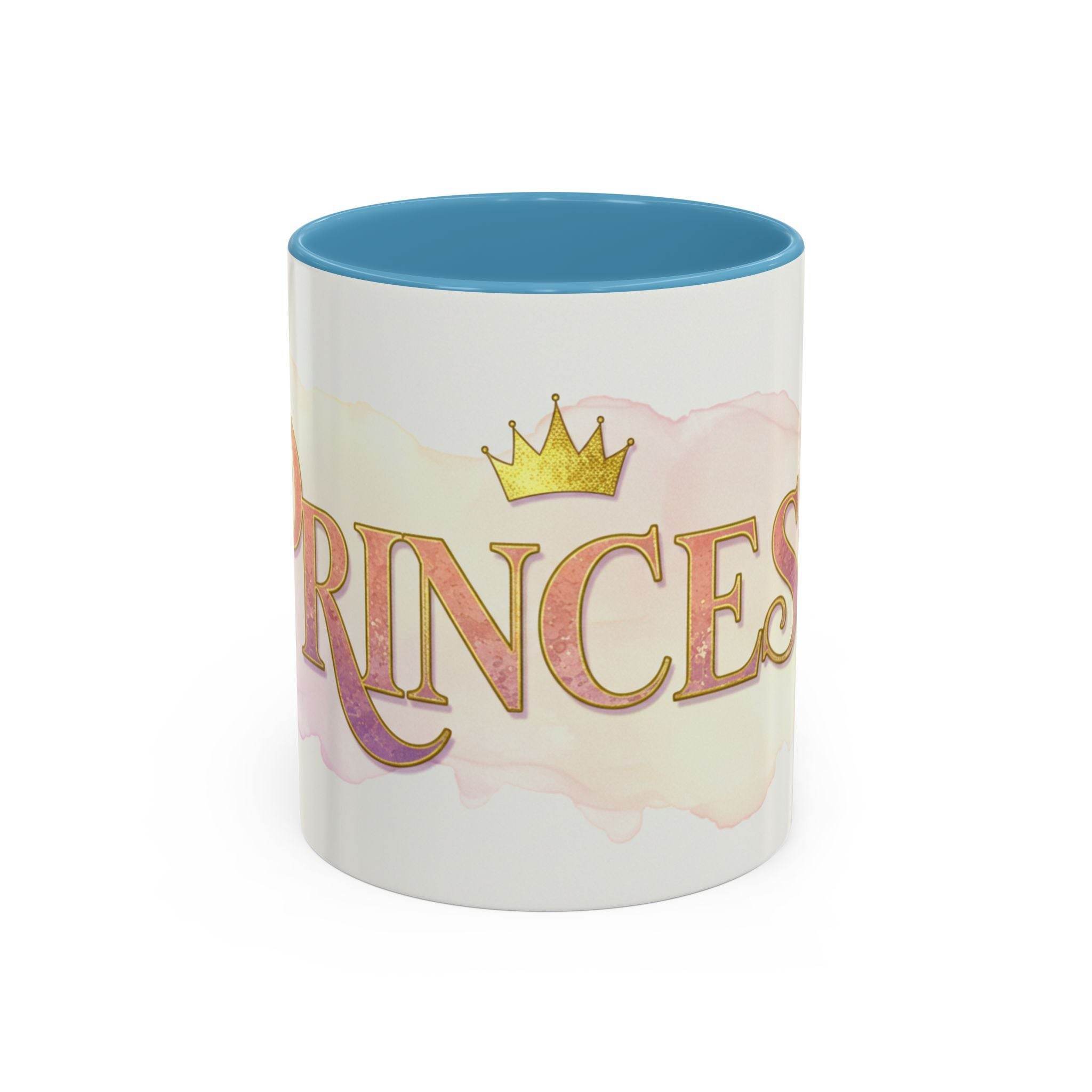 Princess coffee mug women with gold crown and pink watercolor design by LuckeLadybug