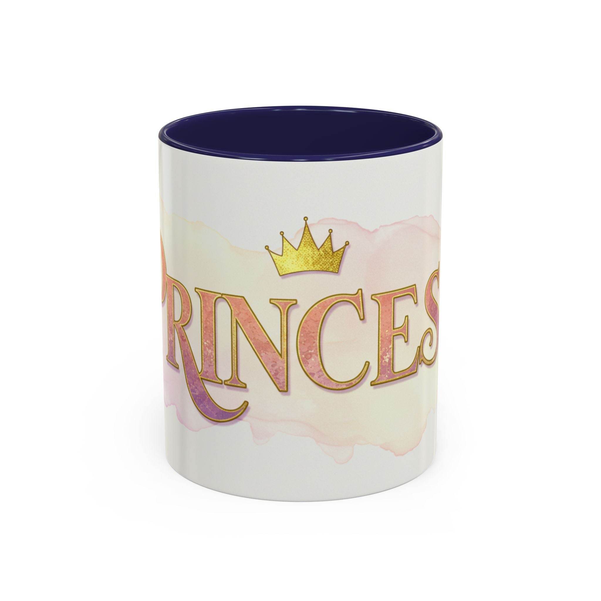 Princess coffee mug for women with gold crown and pink watercolor design by LuckeLadybug