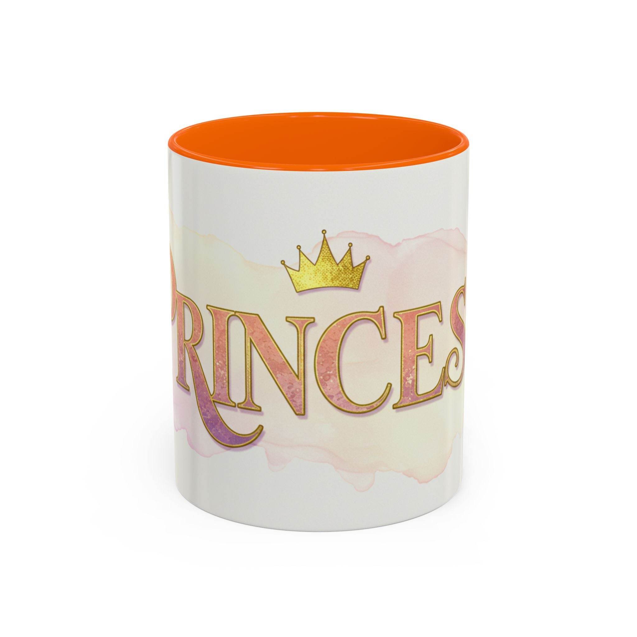 Princess coffee mug for women with gold crown design and orange interior by LuckeLadybug