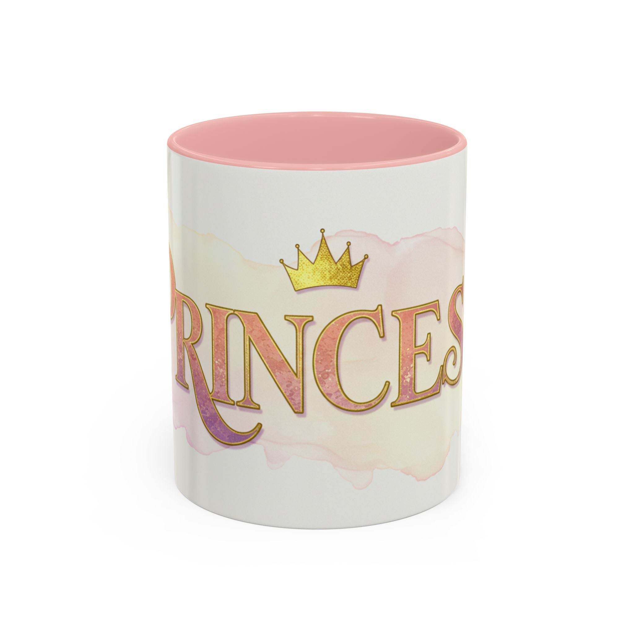 Princess coffee mug for women with gold crown design and pink interior by LuckeLadybug