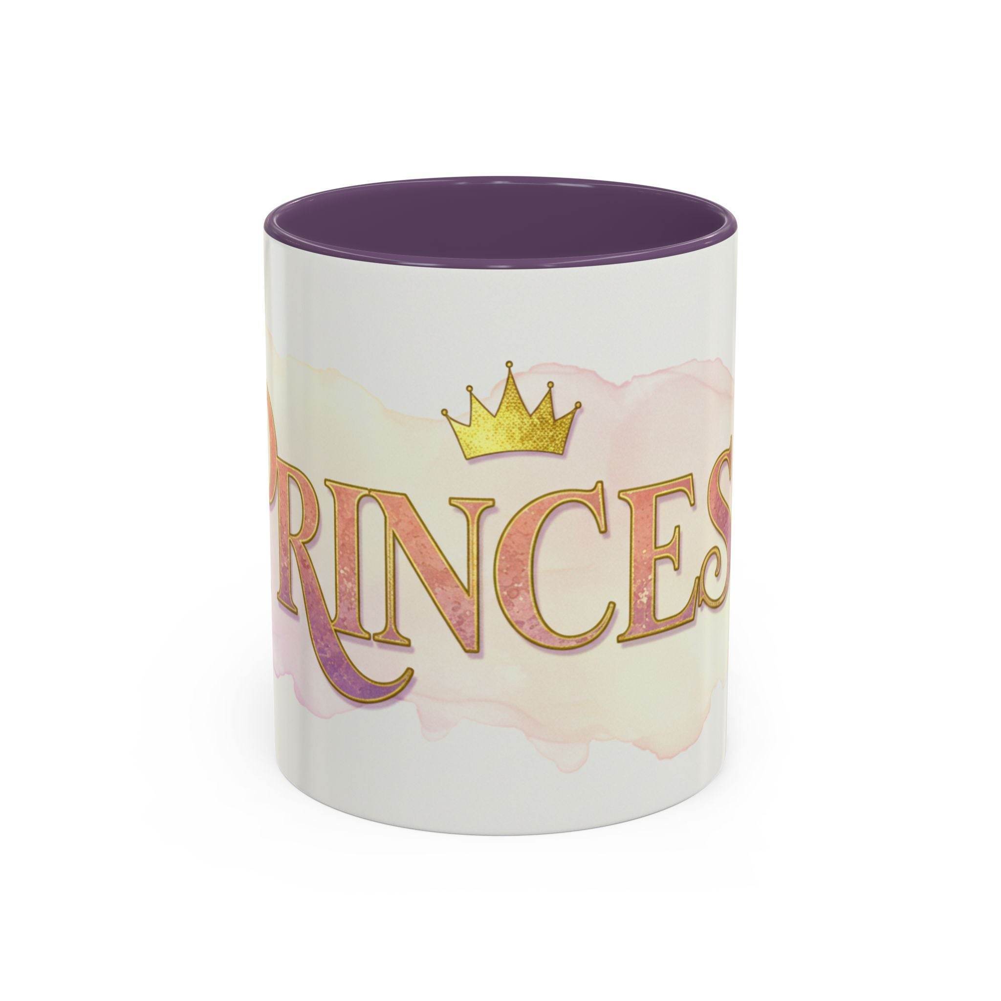 Princess coffee mug for women with gold crown design and purple interior by LuckeLadybug
