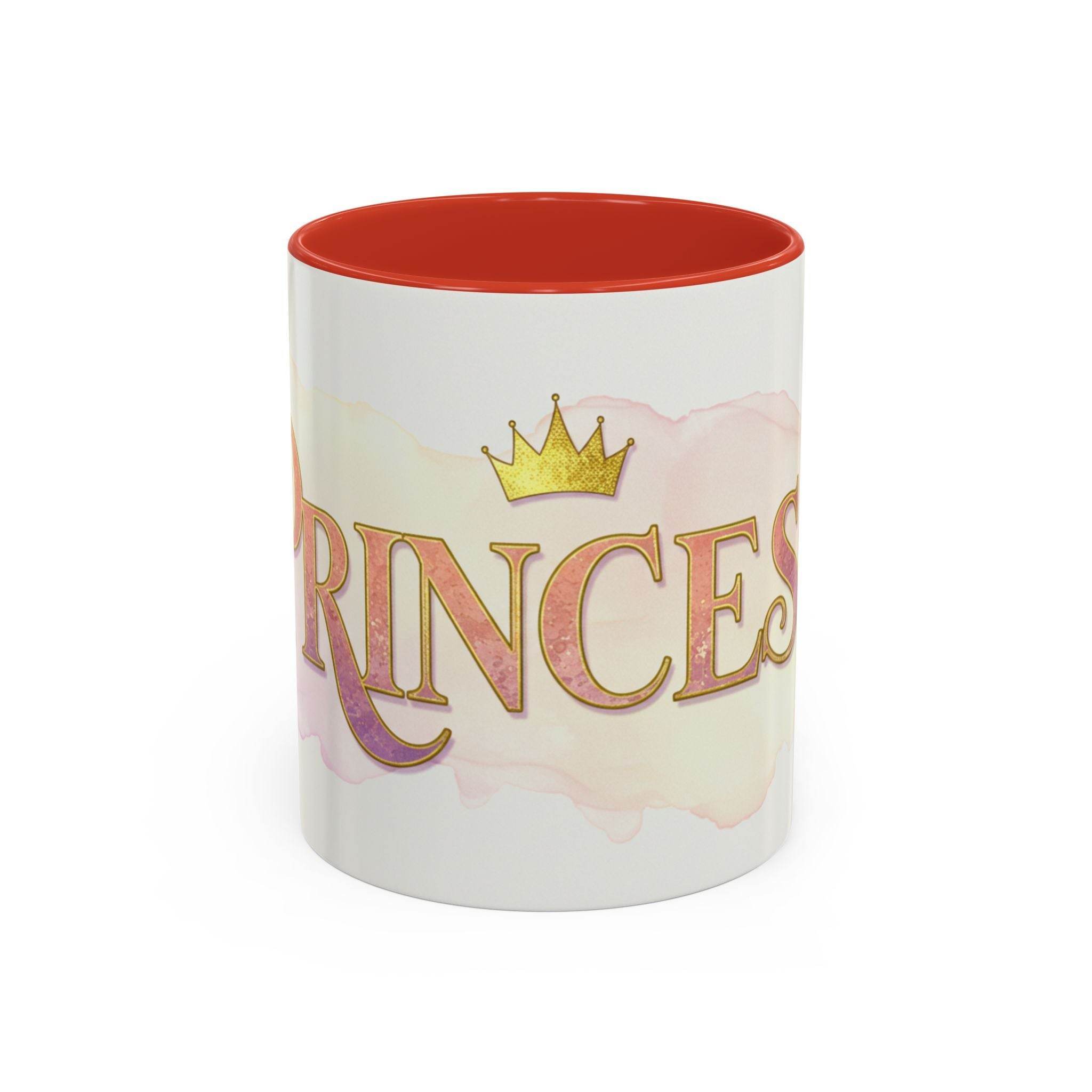 Princess coffee mug for women with gold crown design and red interior by LuckeLadybug