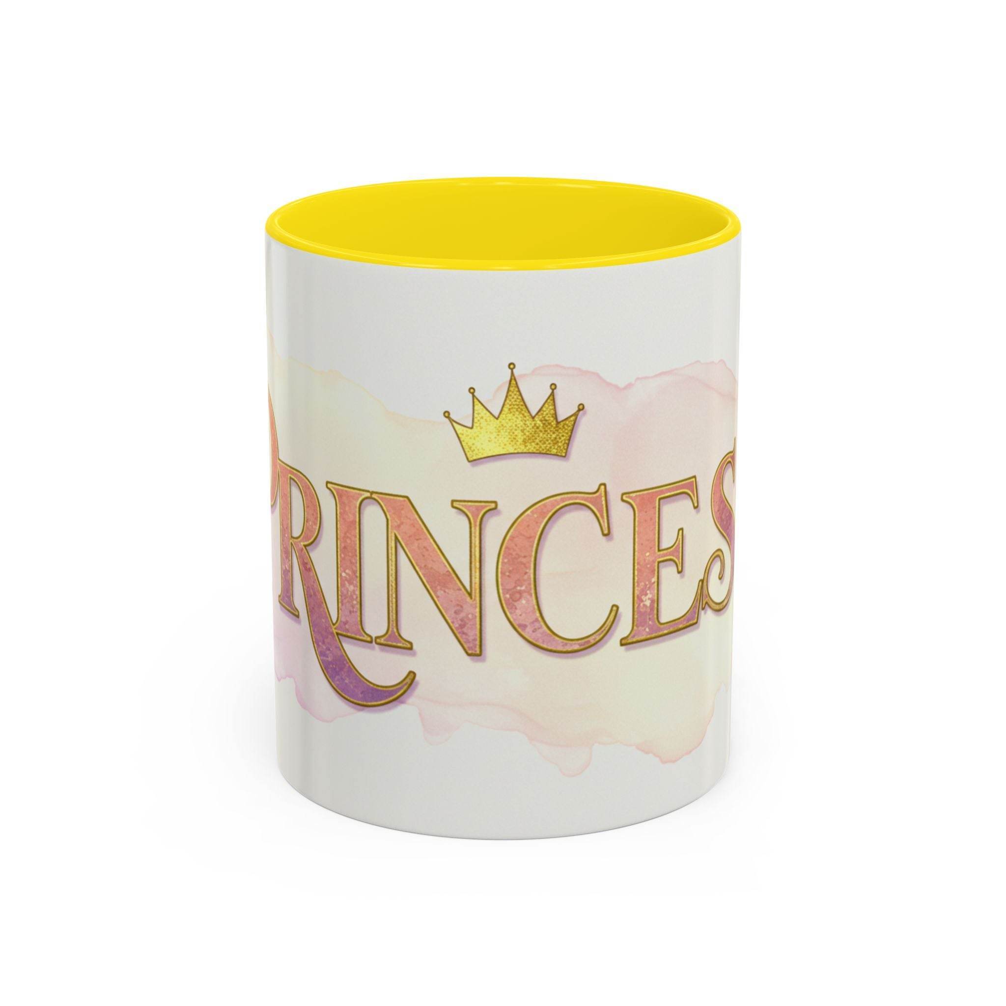 Princess coffee mug for women with yellow interior and gold crown design by LuckeLadybug