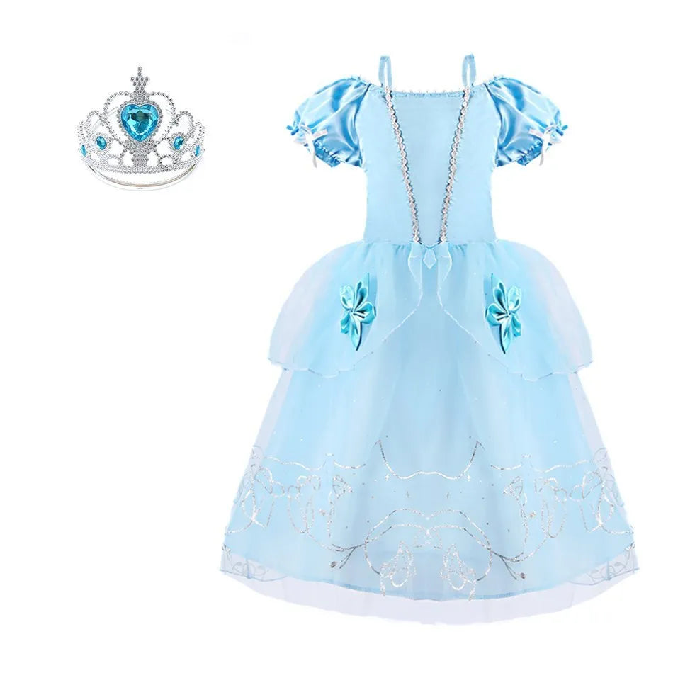 Light blue princess costume dress for girls with floral details and matching tiara for dress-up fun