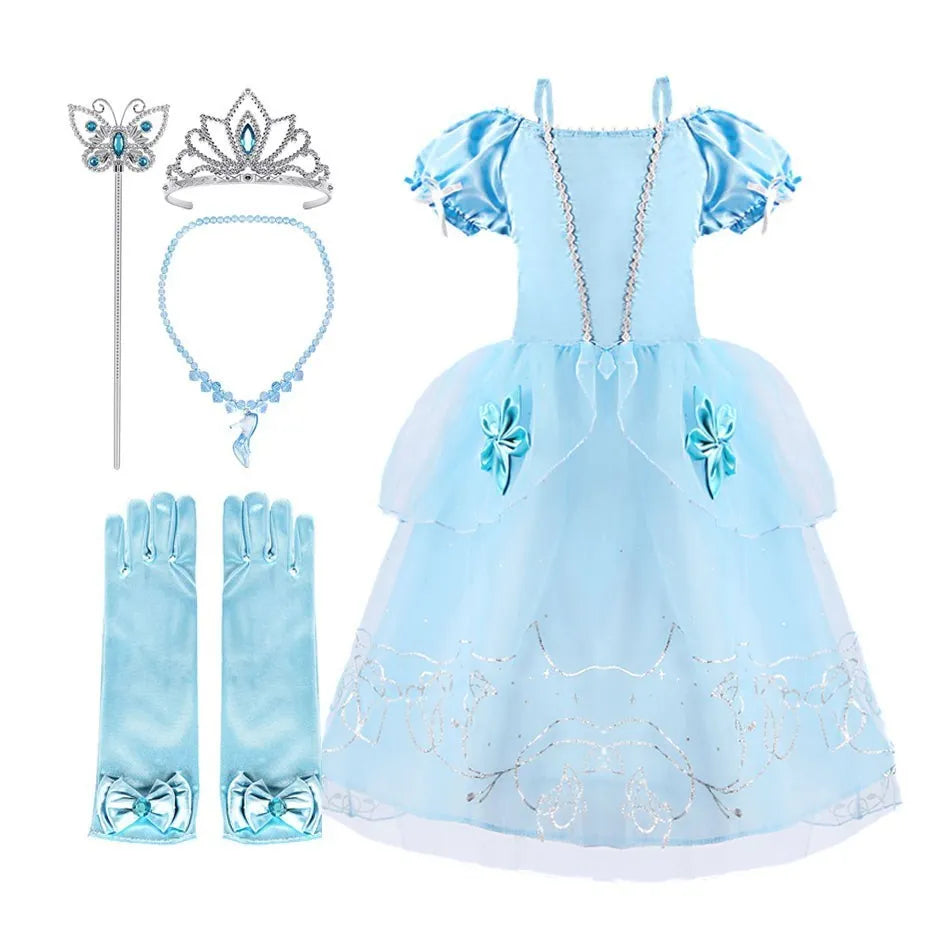 LuckeLadybug LLC Blue Princess Costume Dress for Girls with Accessories Including Crown and Gloves