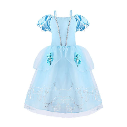Light blue princess costume dress for girls with puff sleeves and floral accents