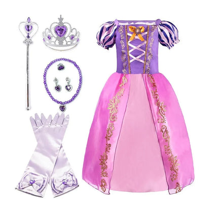 LuckeLadybug LLC princess costume dress for girls with crown, gloves, and accessories in purple and pink