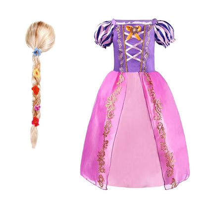 LuckeLadybug LLC princess costume dress for girls featuring a purple and pink design with a matching braid accessory