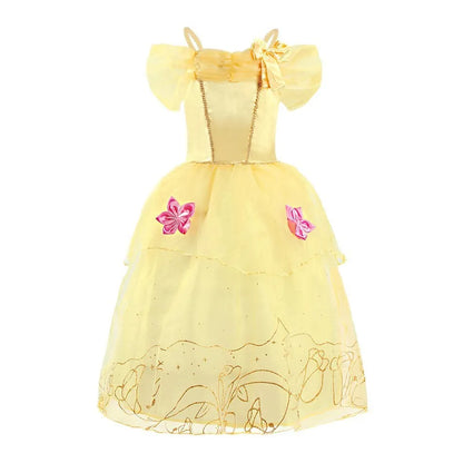 Luxurious yellow princess costume dress for girls with floral accents and elegant design