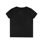 Black princess v neck tee for women by LuckeLadybug with small red flower detail on back