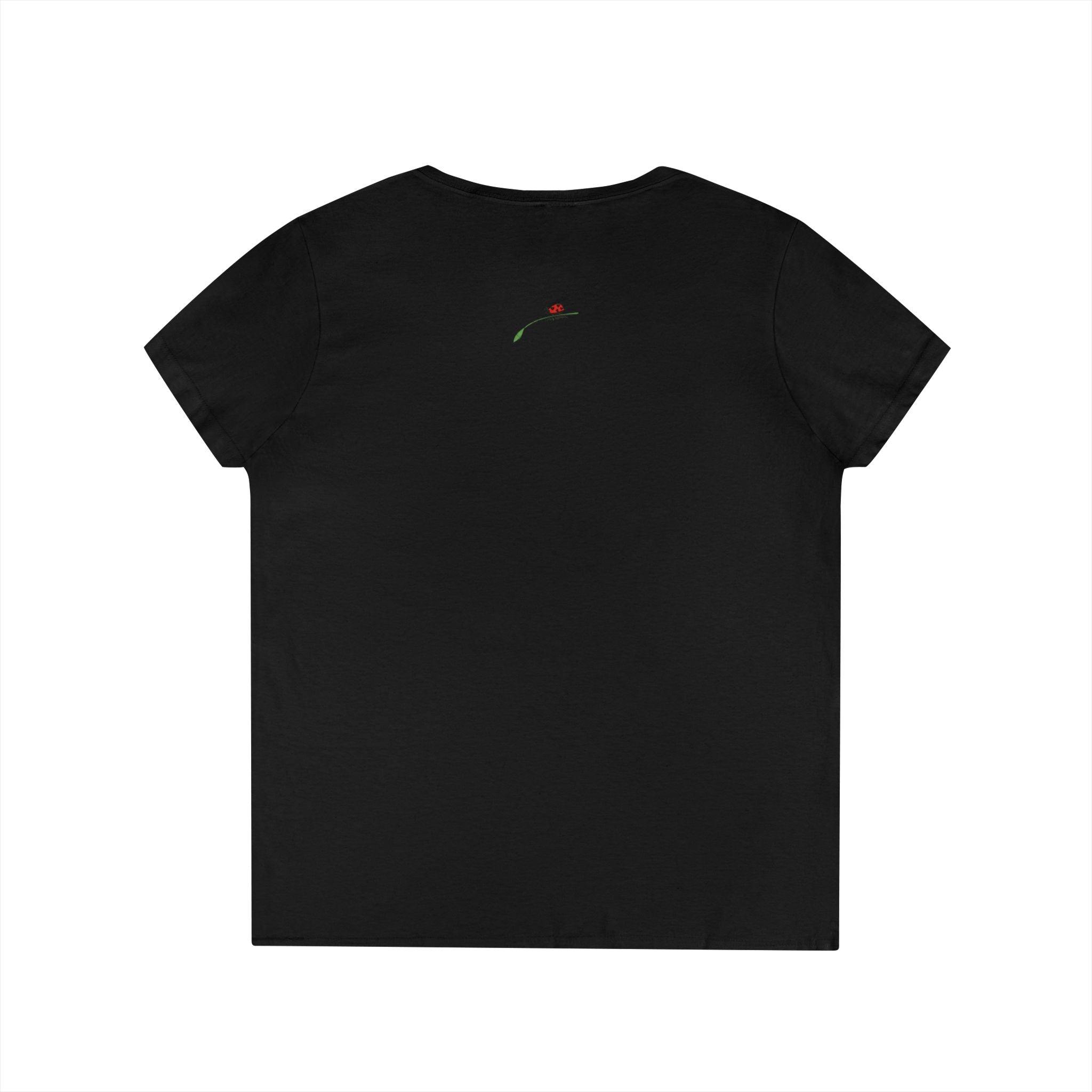Black princess v neck tee for women by LuckeLadybug with small red flower detail on back