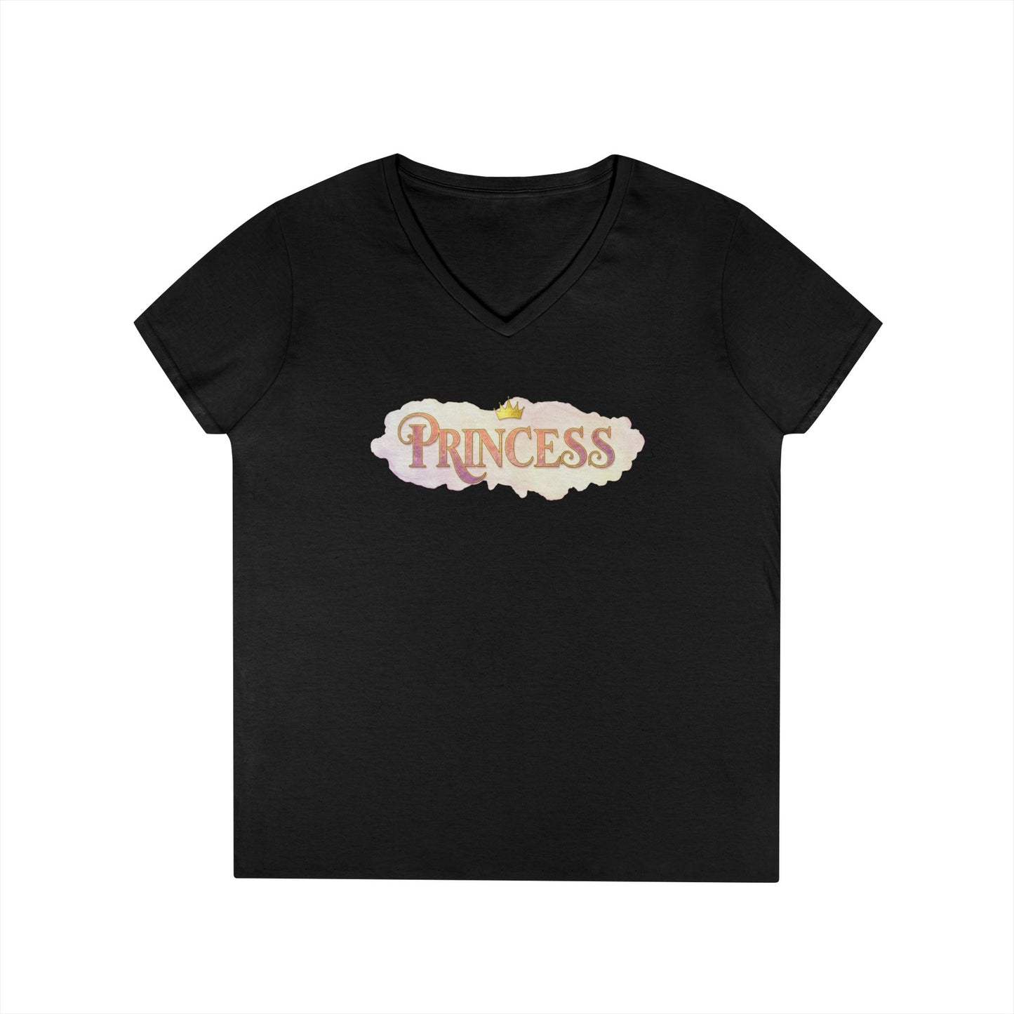 LuckeLadybug black princess v neck tee for women with graphic text and small crown design