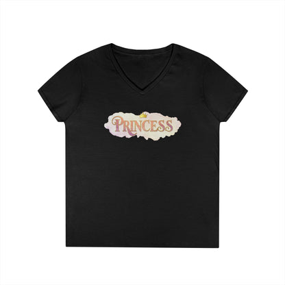 LuckeLadybug black princess v neck tee for women with graphic text and small crown design