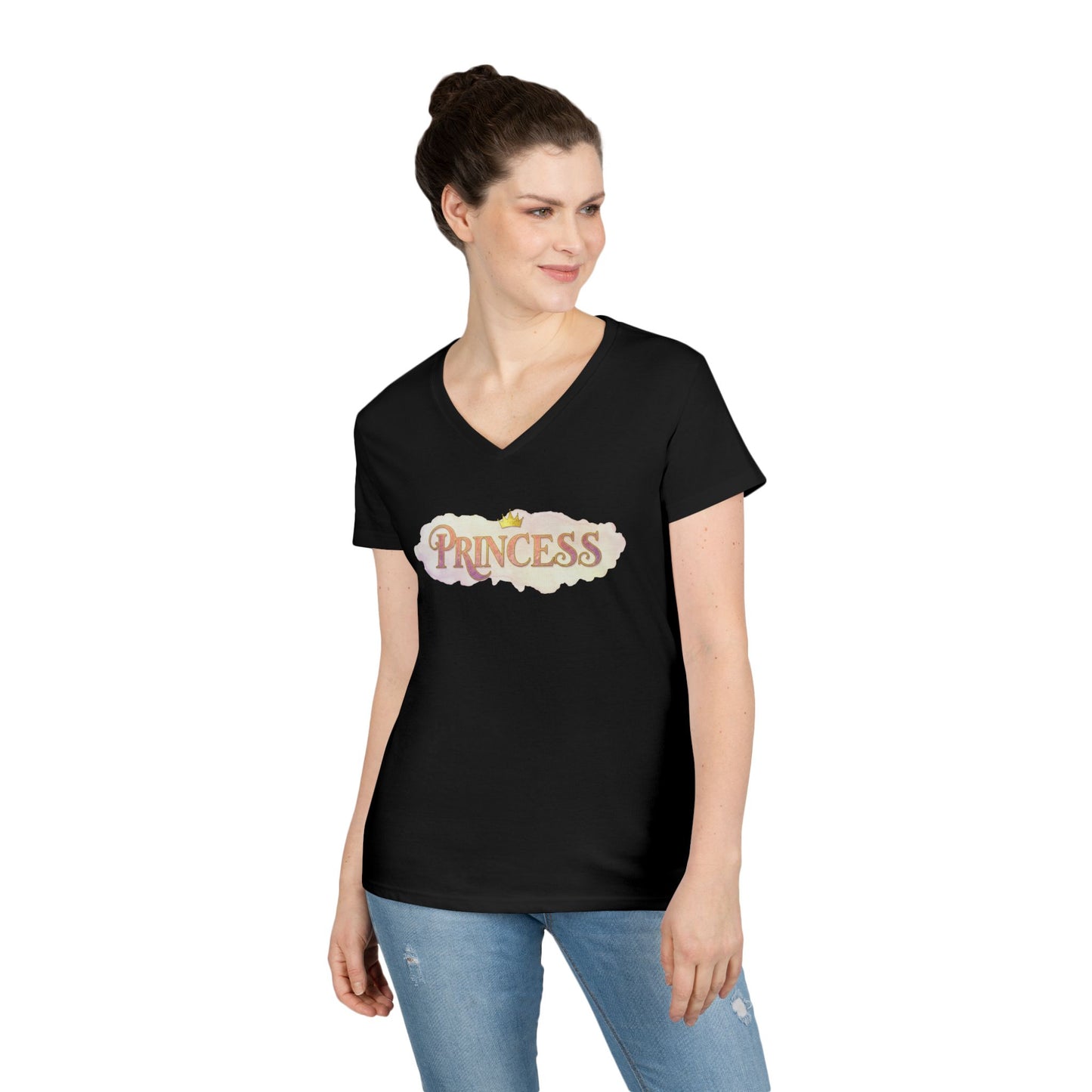 LuckeLadybug princess v neck tee for women in black with vintage style text and casual fit