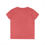 LuckeLadybug princess v neck tee for women in coral pink with small rose detail on back