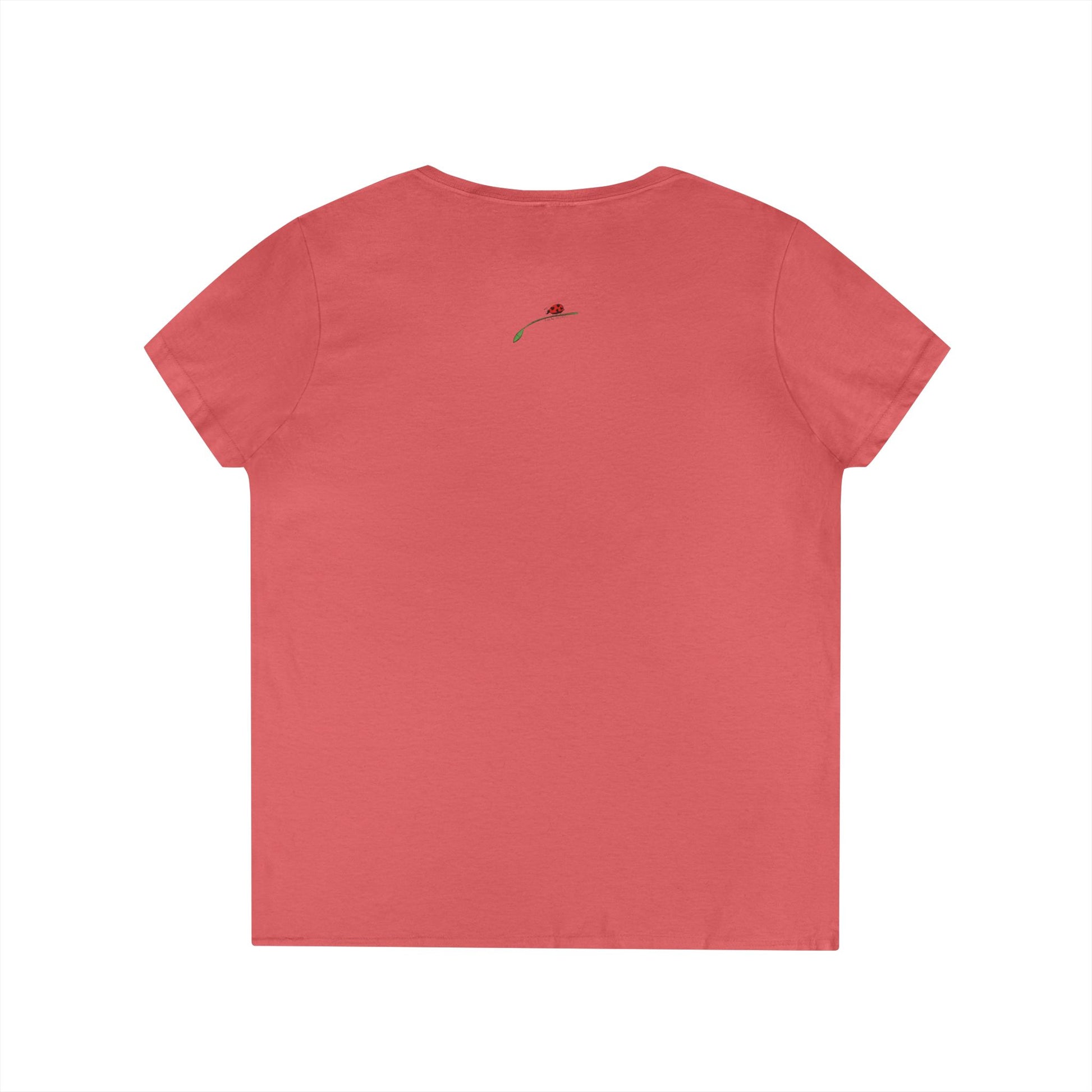LuckeLadybug princess v neck tee for women in coral pink with small rose detail on back