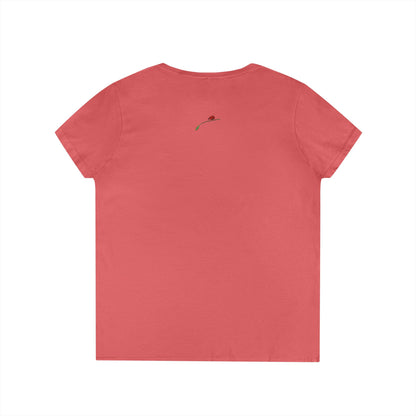 LuckeLadybug princess v neck tee for women in coral pink with small rose detail on back