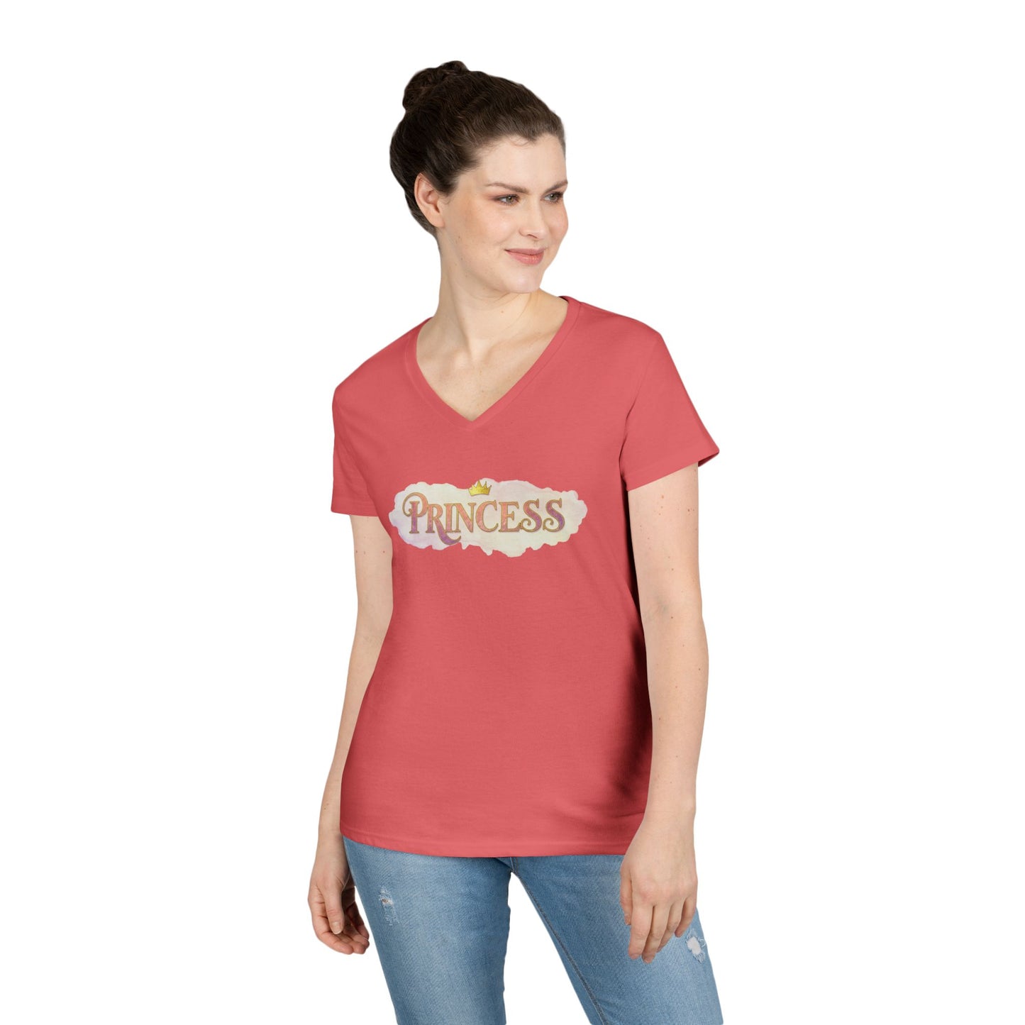 Princess v neck tee for women by LuckeLadybug in coral pink with short sleeves and graphic text