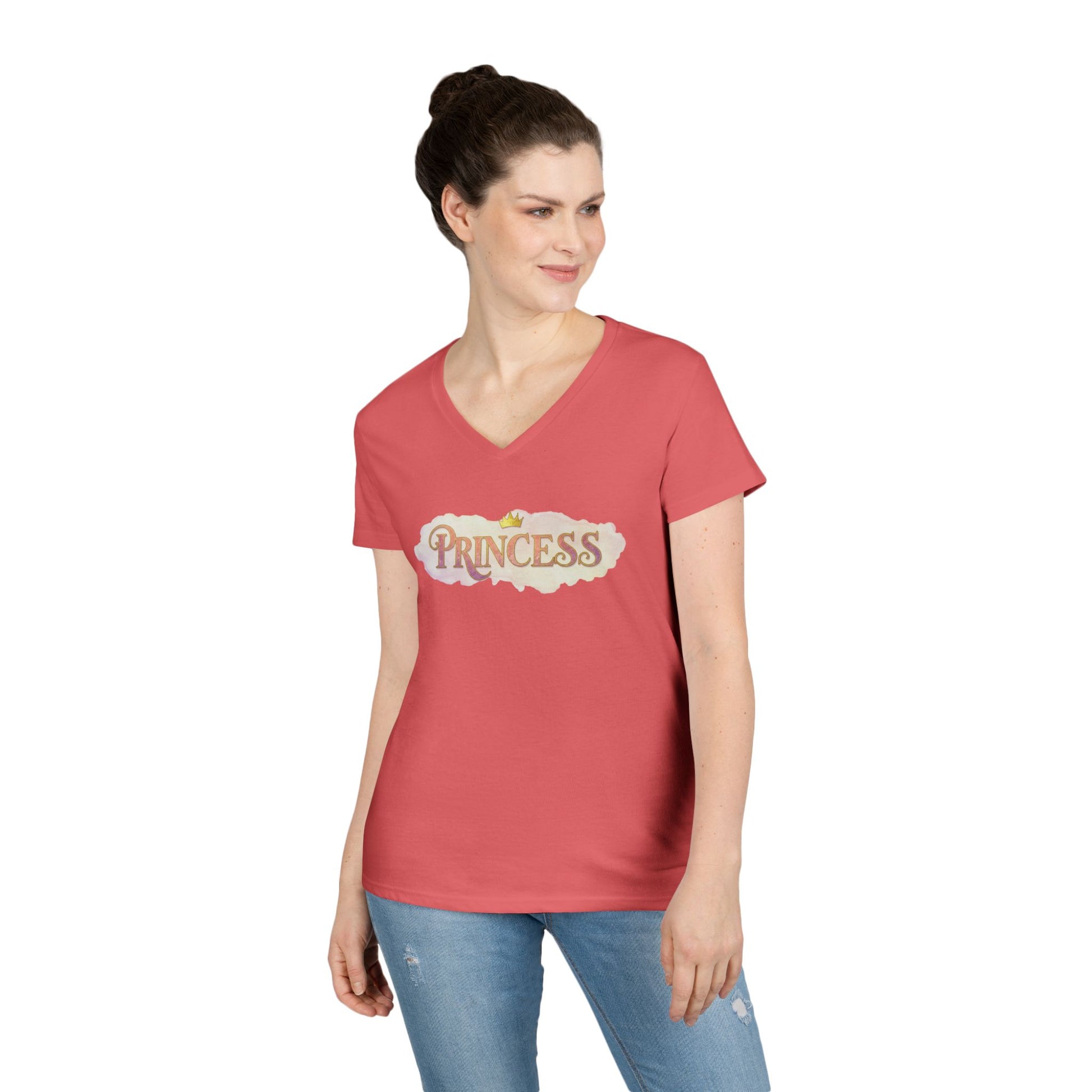 Princess v neck tee for women by LuckeLadybug in coral pink with short sleeves and graphic text