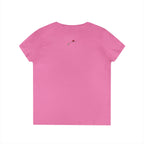 Back view of pink princess v neck tee for women with small rose embroidery by LuckeLadybug