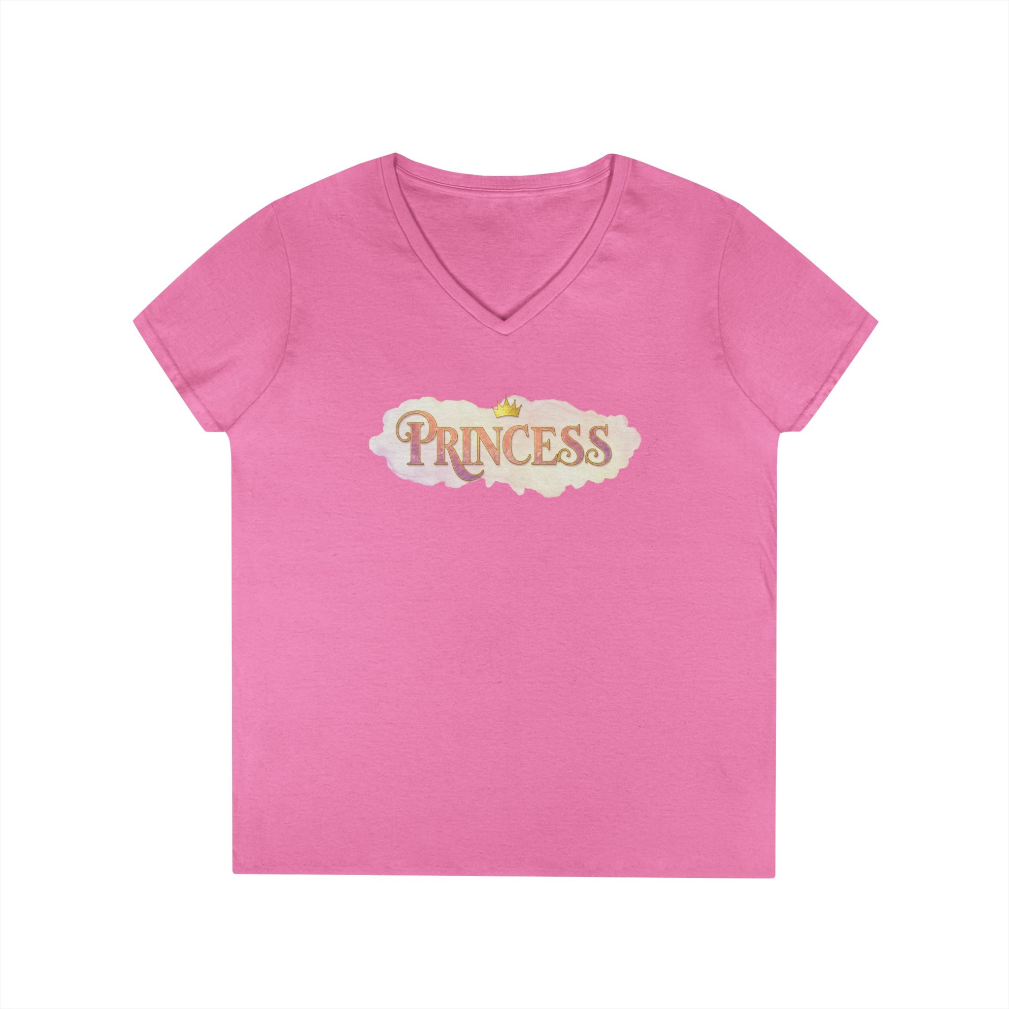 Pink princess v neck tee for women with short sleeves and crown graphic design