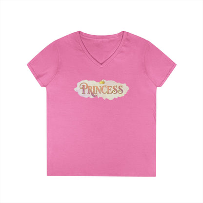 Pink princess v neck tee for women with short sleeves and crown graphic design